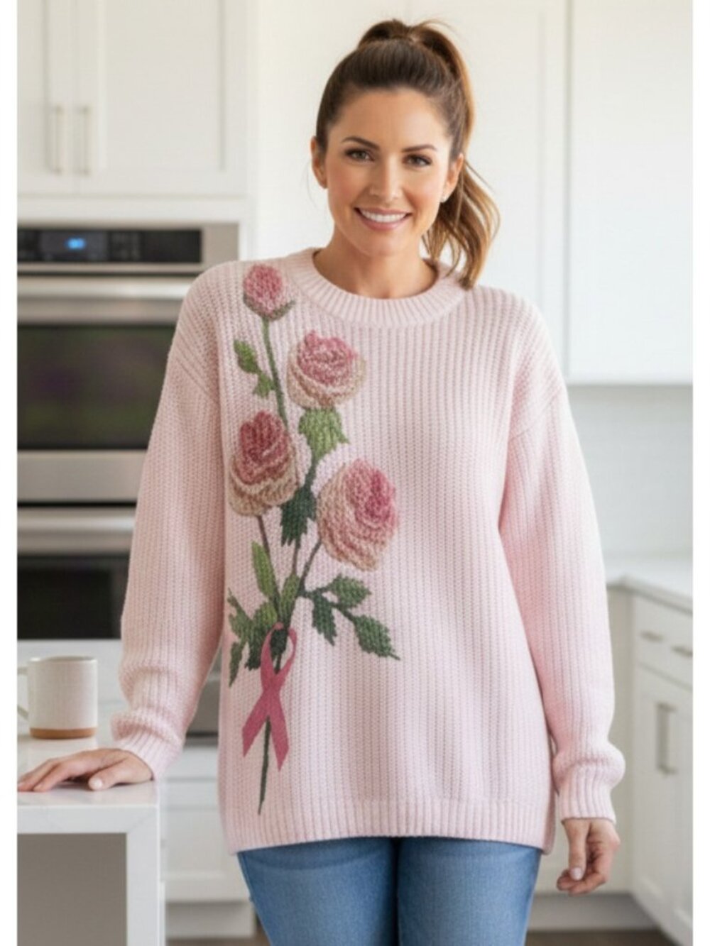 Knit Pink Ribbon Granny Floral Round Neck Shirt Long Sleeve Pullover Sweater